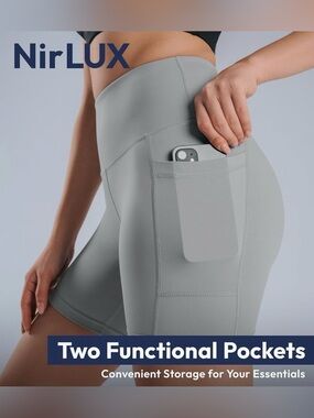 Nirlon High-Waist Bike Shorts with Side Pockets Light Gray Size: 4 NWT #Lux-E